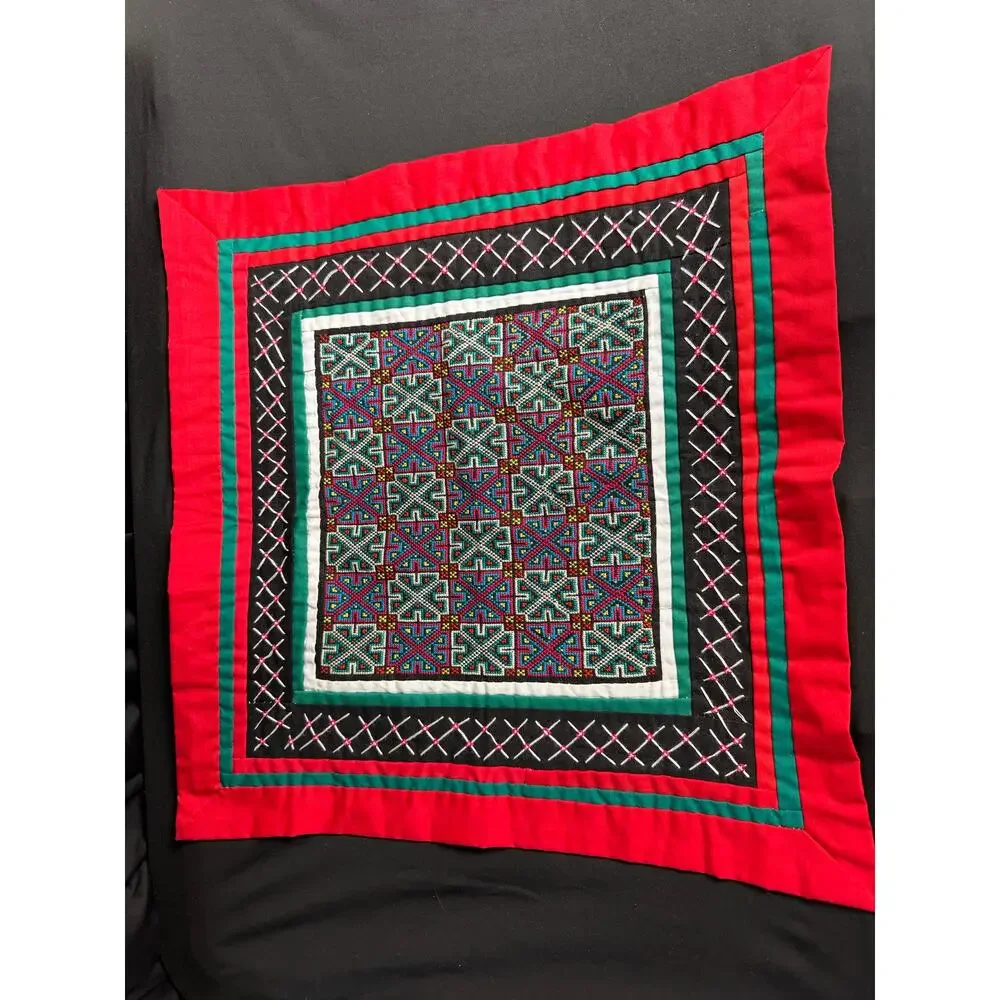 Pair Vintage Hmong Pa Dau Embroidery Textile Wall Art Centerpieces Hand Stitched